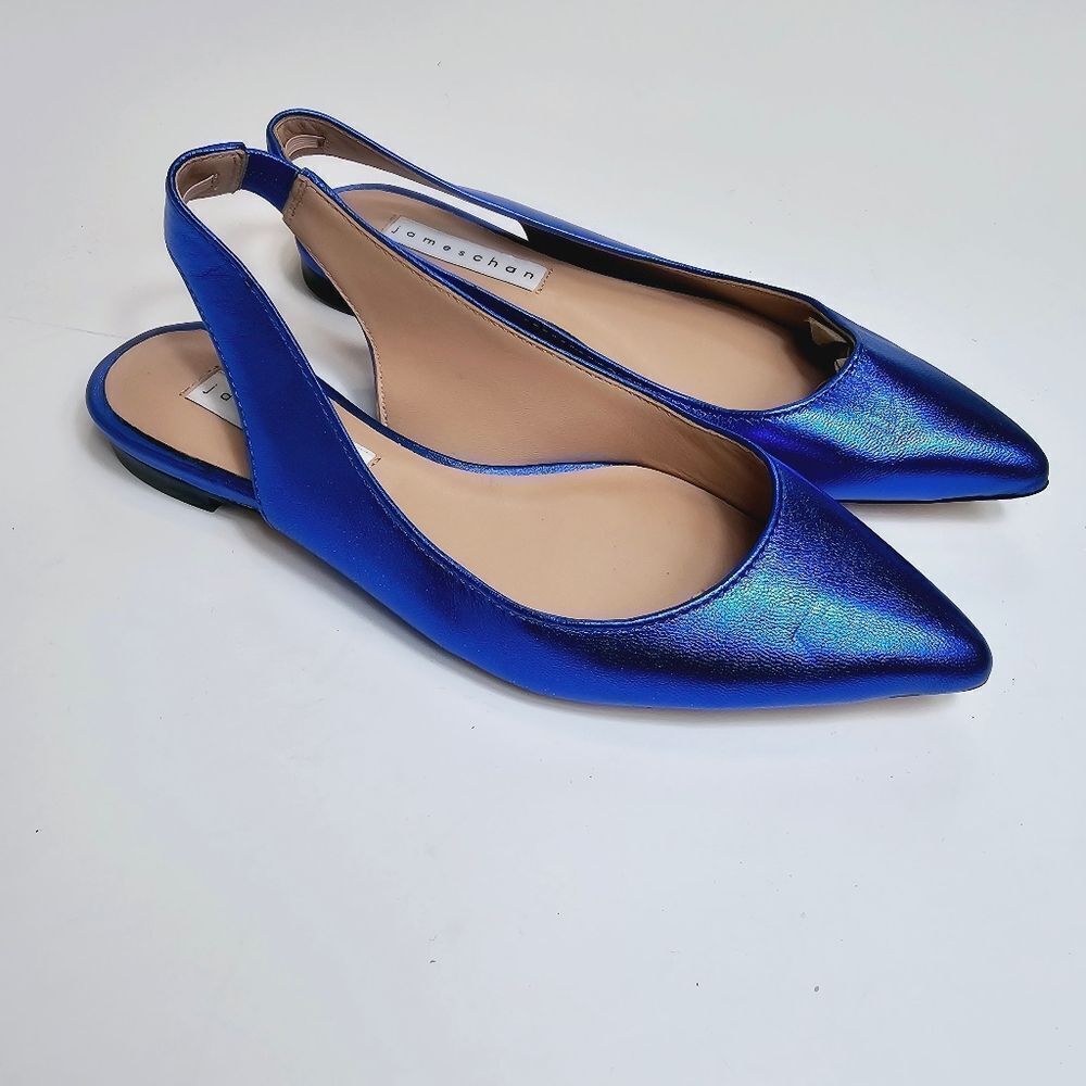 James Chan Nakasey Blue Metallic Sling Back Flat Size 6 Size 9 NWOB
